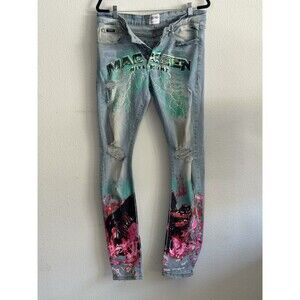 Mackeen Lycon Men's Size 32 Graffiti Painted Lightning Light Wash Skinny Jeans